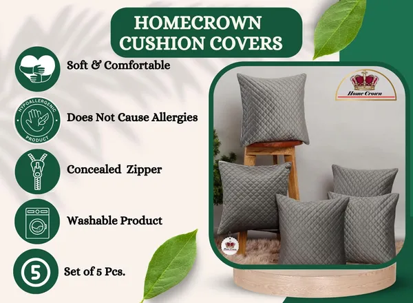 Set_Of_5_Grey_Quilted_Velvet_Decorative_Cushion_CoversSoft_Throw_Pillow_Cases_For_Sofa_Couch_And_Bed