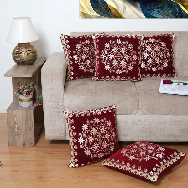 Set_Of_5_Red_Velvet_Cushion_Covers_|_Floral_Covers_For_Sofa_&_Couch