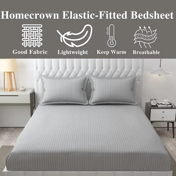 Grey_Cotton_Double_Bedsheet_With_2_Pillow_Covers_|_Striped_Elastic_Fitted_For_Home_&_Hotels
