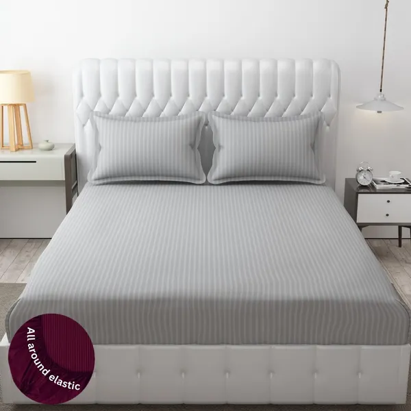 Grey_Cotton_Double_Bedsheet_With_2_Pillow_Covers_|_Striped_Elastic_Fitted_For_Home_&_Hotels