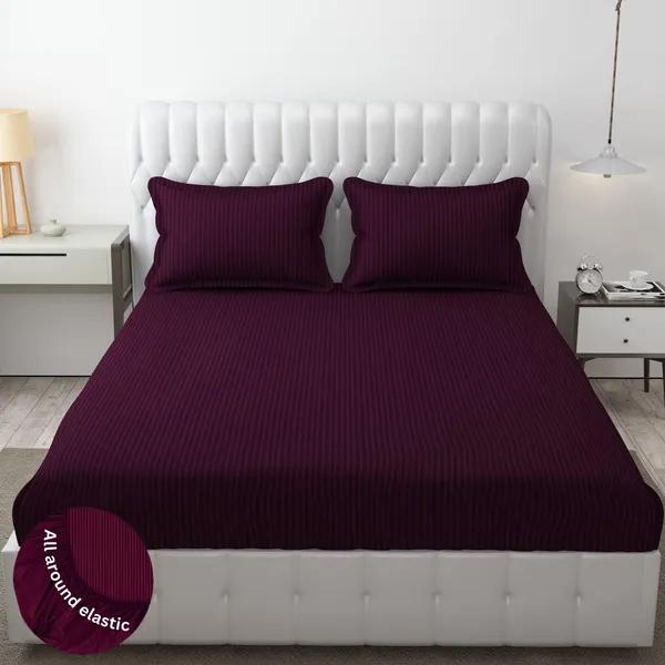 Purple_Striped_Cotton_Feel_Elastic_Fitted_Double_Bedsheet_With_2_Pillow_Covers_For_King_Size_Bed_Thick_Mattress_Perfect_Hotels