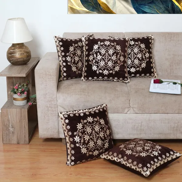 Set_Of_5_Brown_Velvet_Cushion_Covers_Floral_Decorative_Throw_Pillow_Covers_For_Sofa_Couch_Bed_And_Living_Room
