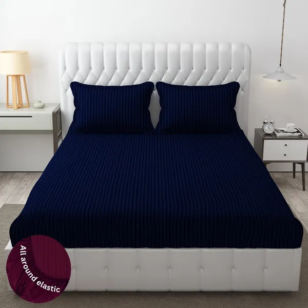 Blue_Striped_Cotton_Feel_Elastic_Fitted_Double_Bedsheet_With_2_Pillow_Covers_For_King_Size_Bed_Thick_Mattress_Perfect_Hotels