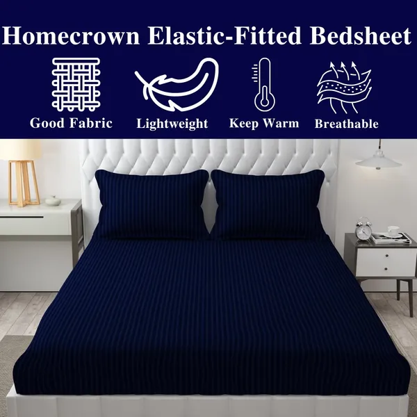 Blue_Striped_Cotton_Feel_Elastic_Fitted_Double_Bedsheet_With_2_Pillow_Covers_For_King_Size_Bed_Thick_Mattress_Perfect_Hotels