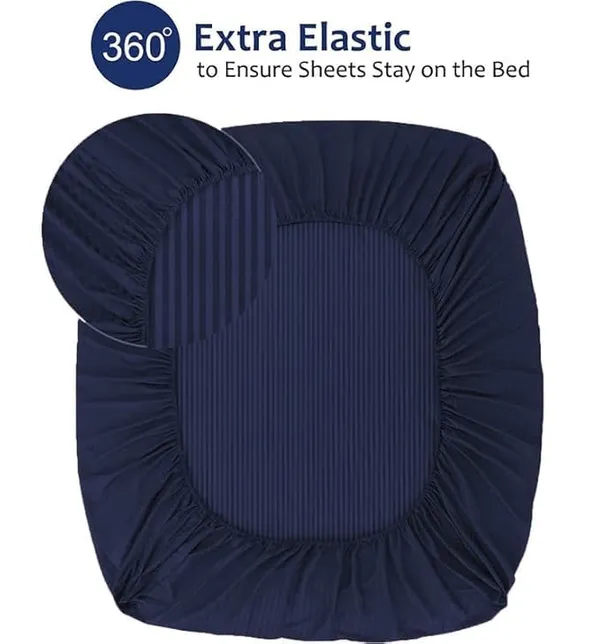 Blue_Striped_Cotton_Feel_Elastic_Fitted_Double_Bedsheet_With_2_Pillow_Covers_For_King_Size_Bed_Thick_Mattress_Perfect_Hotels