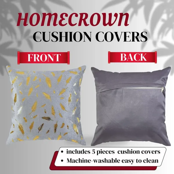 Set_Of_5_Grey_Velvet_Cushion_Covers_|_Feather_Print_Decorative_Faux_Fur_Covers_|_For_Couch_&_Sofa