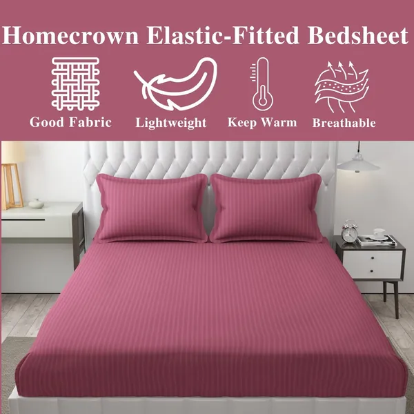 Onion_Pink_Striped_Cotton_Feel_Elastic_Fitted_Double_Bedsheet_With_2_Pillow_Covers_For_King_Size_Bed_Thick_Mattress_Perfect_Hotels