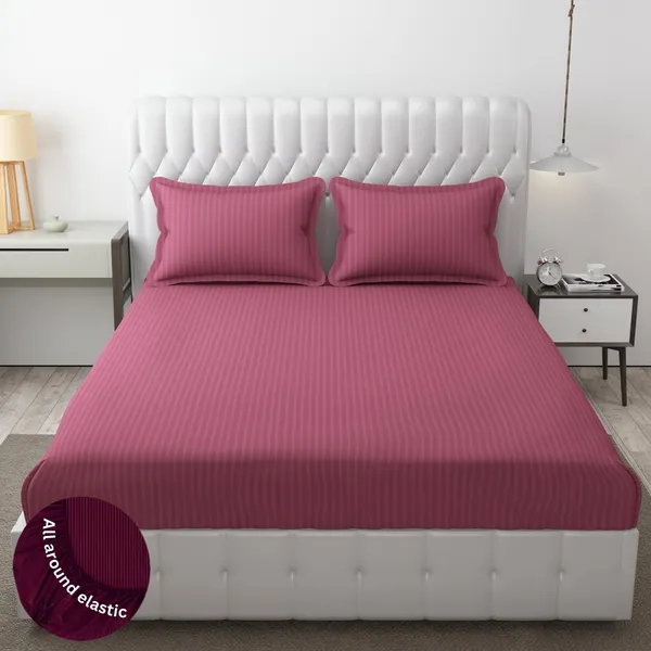 Onion_Pink_Striped_Cotton_Feel_Elastic_Fitted_Double_Bedsheet_With_2_Pillow_Covers_For_King_Size_Bed_Thick_Mattress_Perfect_Hotels