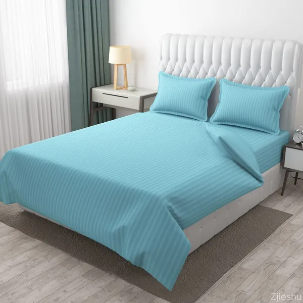 Sky_Blue_Microfiber_Soft_Cotton_King_Size_Double_Bedsheet_Set_With_2_Pillow_Covers__Satin_Striped_Ideal_Hotels_And_Guest_Rooms