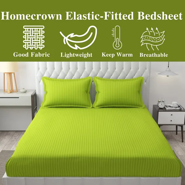 Light_Green_Striped_Cotton_Feel_Elastic_Fitted_Double_Bedsheet_With_2_Pillow_Covers_For_King_Size_Bed_Thick_Mattress_Perfect_Hotels