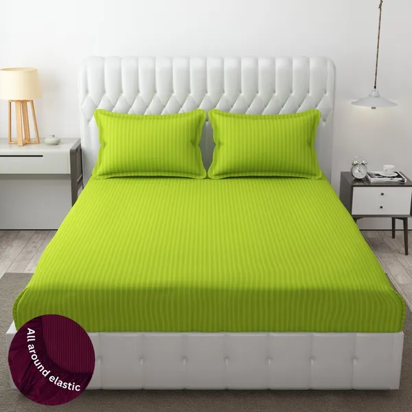 Light_Green_Striped_Cotton_Feel_Elastic_Fitted_Double_Bedsheet_With_2_Pillow_Covers_For_King_Size_Bed_Thick_Mattress_Perfect_Hotels