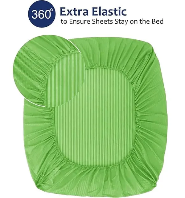Light_Green_Striped_Cotton_Feel_Elastic_Fitted_Double_Bedsheet_With_2_Pillow_Covers_For_King_Size_Bed_Thick_Mattress_Perfect_Hotels