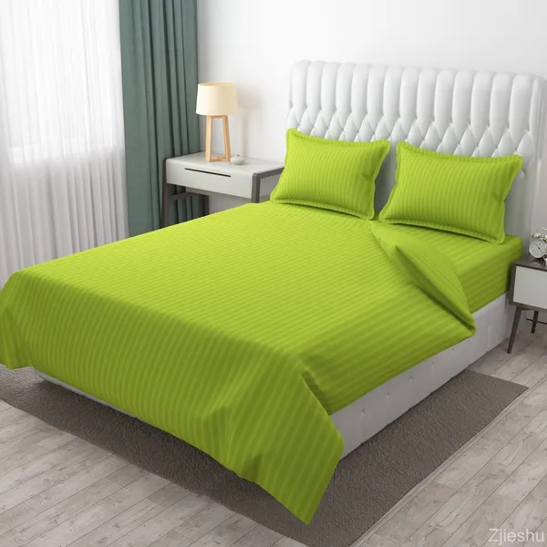 Light_Green_Glace_Cotton_Satin_Striped_Bed_Sheet_With_2_Pillow_Covers_Bedding_Set_For_Double_Bed_King_Size_Hotels_And_Guest_Rooms