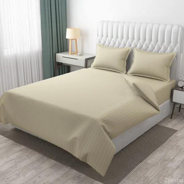 Beige_Microfiber_Soft_Cotton_King_Size_Double_Bedsheet_Set_With_2_Pillow_Covers_Satin_Striped_Ideal_Hotels_And_Guest_Rooms