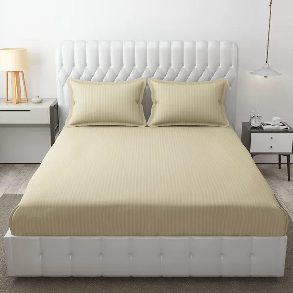 Beige_Microfiber_Soft_Cotton_King_Size_Double_Bedsheet_Set_With_2_Pillow_Covers_Satin_Striped_Ideal_Hotels_And_Guest_Rooms