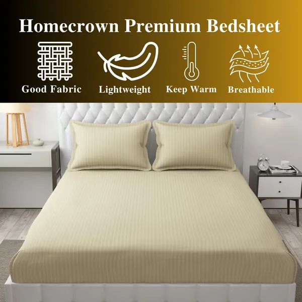 Beige_Microfiber_Soft_Cotton_King_Size_Double_Bedsheet_Set_With_2_Pillow_Covers_Satin_Striped_Ideal_Hotels_And_Guest_Rooms