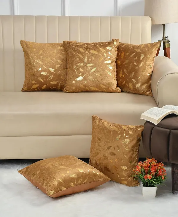 Set_Of_5_Golden__Velvet_Cushion_Covers_|_Soft_Faux_Fur_Covers_With_Feather_Print_|_For_Sofa_&_Couch