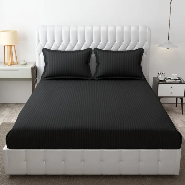 Dark_Grey_Microfiber_Soft_Cotton_King_Size_Double_Bedsheet_Set_With_2_Pillow_Covers__Satin_Striped_Ideal_Hotels_And_Guest_Rooms