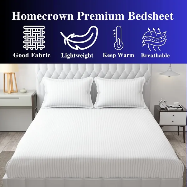 White_Microfiber_Soft_Cotton_King_Size_Double_Bedsheet_Set_With_2_Pillow_Covers__Satin_Striped_Ideal_Hotels_And_Guest_Rooms
