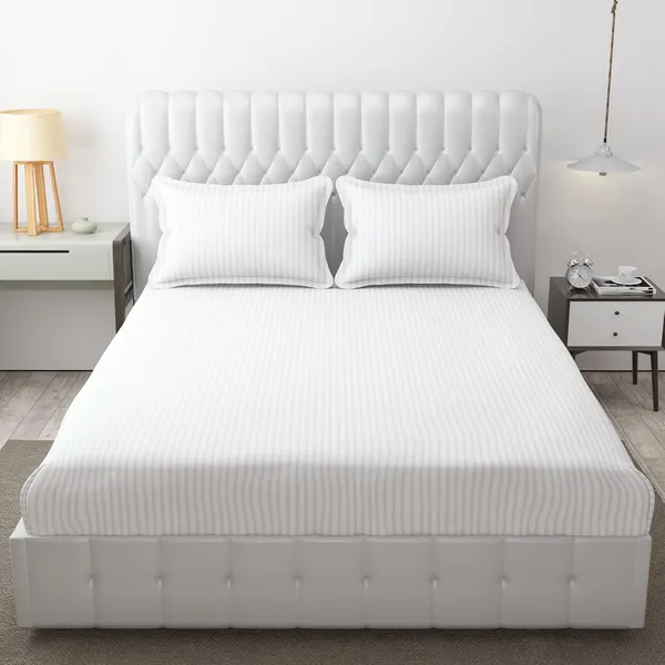 White_Microfiber_Soft_Cotton_King_Size_Double_Bedsheet_Set_With_2_Pillow_Covers__Satin_Striped_Ideal_Hotels_And_Guest_Rooms