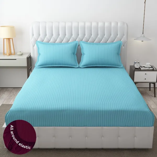 Sky_Blue_Striped_Cotton_Feel_Elastic_Fitted_Double_Bedsheet_With_2_Pillow_Covers_For_King_Size_Bed_Thick_Mattress_Perfect_Hotels