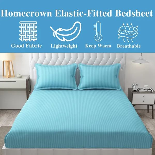 Sky_Blue_Striped_Cotton_Feel_Elastic_Fitted_Double_Bedsheet_With_2_Pillow_Covers_For_King_Size_Bed_Thick_Mattress_Perfect_Hotels