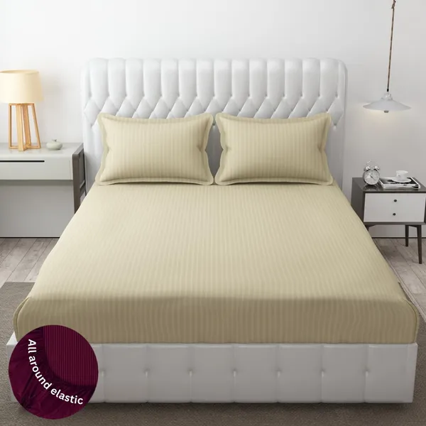 Beige_Striped_Cotton_Feel_Elastic_Fitted_Double_Bedsheet_With_2_Pillow_Covers_For_King_Size_Bed_Thick_Mattress_Perfect_Hotels