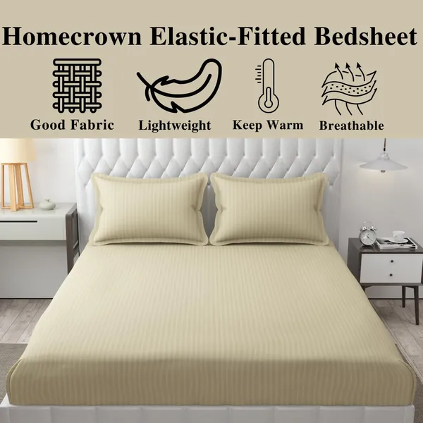 Beige_Striped_Cotton_Feel_Elastic_Fitted_Double_Bedsheet_With_2_Pillow_Covers_For_King_Size_Bed_Thick_Mattress_Perfect_Hotels