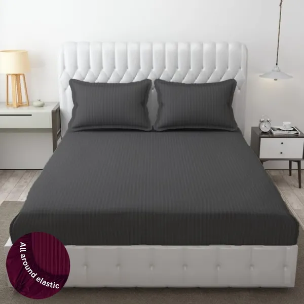 Gray_Striped_Cotton_Feel_Elastic_Fitted_Double_Bedsheet_With_2_Pillow_Covers_For_King_Size_Bed_Thick_Mattress_Perfect_Hotels