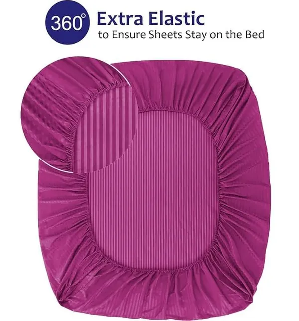 Light_Pink_Striped_Cotton_Feel_Elastic_Fitted_Double_Bedsheet_With_2_Pillow_Covers_For_King_Size_Bed_Thick_Mattress_Perfect_Hotels