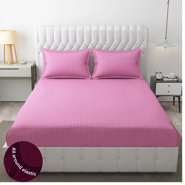 Light_Pink_Striped_Cotton_Feel_Elastic_Fitted_Double_Bedsheet_With_2_Pillow_Covers_For_King_Size_Bed_Thick_Mattress_Perfect_Hotels