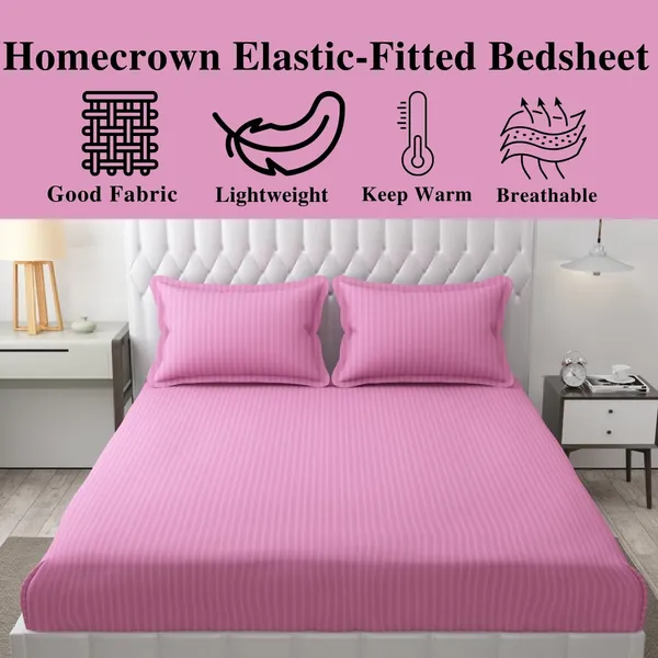 Light_Pink_Striped_Cotton_Feel_Elastic_Fitted_Double_Bedsheet_With_2_Pillow_Covers_For_King_Size_Bed_Thick_Mattress_Perfect_Hotels