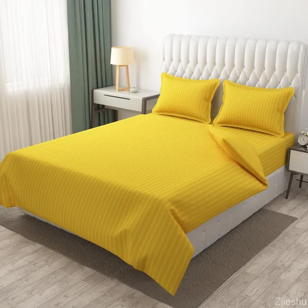 Yellow_Microfiber_Soft_Cotton_King_Size_Double_Bedsheet_Set_With_2_Pillow_Covers__Satin_Striped_Ideal_Hotels_And_Guest_Rooms