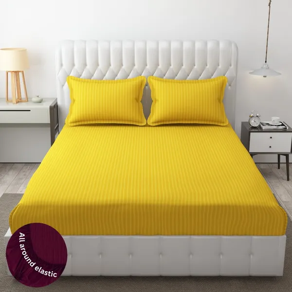 Yellow_Striped_Cotton_Bedsheet_with_2_Pillow_Covers_|_Elastic_Fitted_Double_Bedsheet_|_for_Home,_Hotel