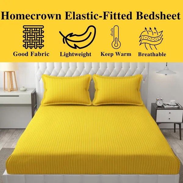 Yellow_Striped_Cotton_Bedsheet_with_2_Pillow_Covers_|_Elastic_Fitted_Double_Bedsheet_|_for_Home,_Hotel
