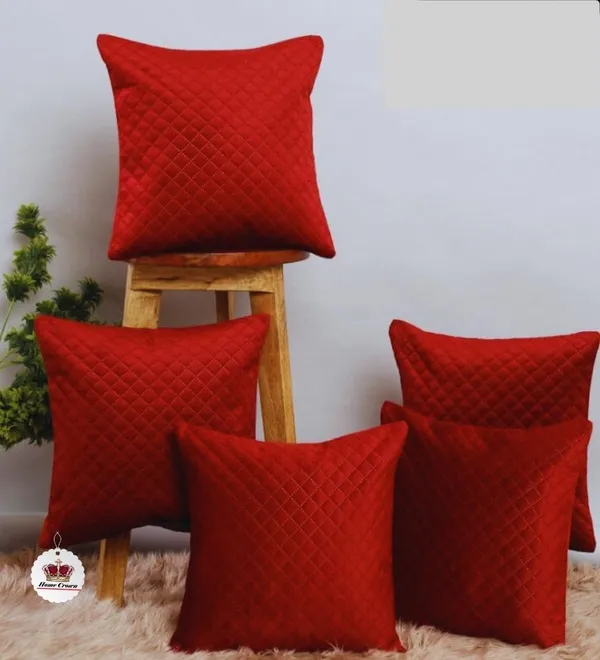Set_Of_5_Red_Soft_Velvet_Quilted_Cushion_Covers