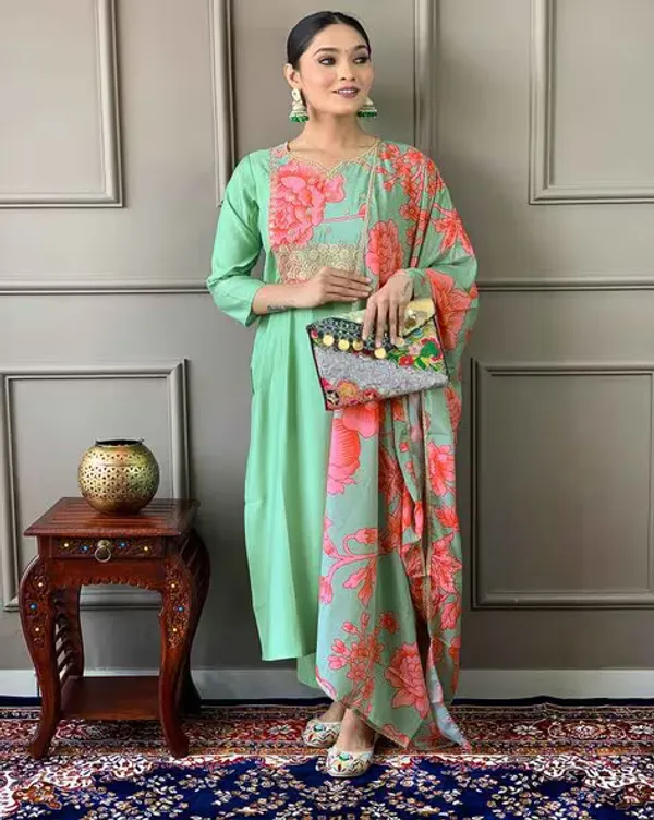 Green_Chanderi_Fabric_Printed_Kurta_Pant_Set_For_Women