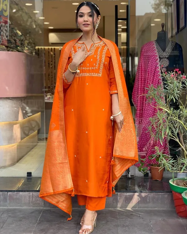 Orange_Embroide_Viscose_Chanderi_Fabric_Straight_Kurta_Pant_And_Dupatta_Set