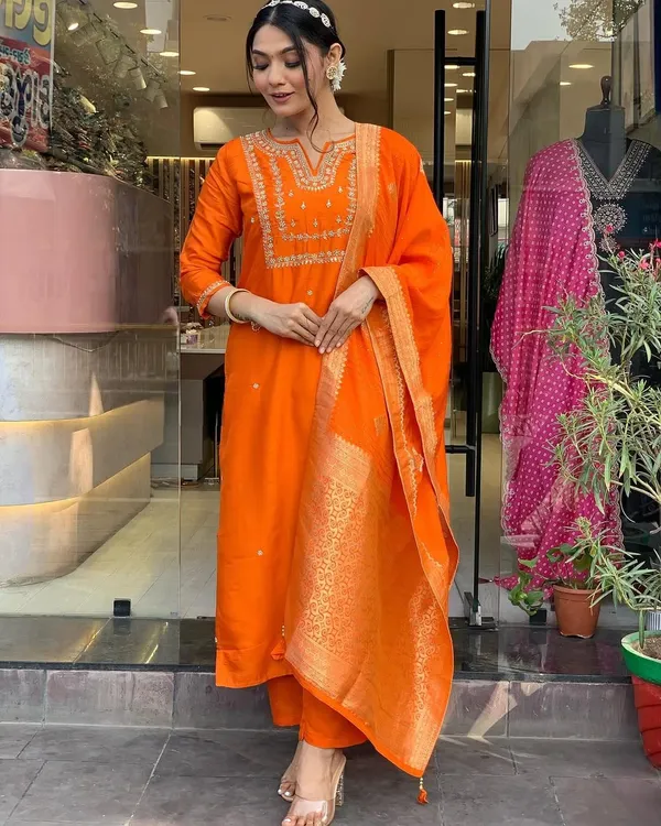 Orange_Embroide_Viscose_Chanderi_Fabric_Straight_Kurta_Pant_And_Dupatta_Set