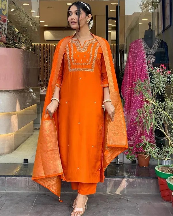 Orange_Embroide_Viscose_Chanderi_Fabric_Straight_Kurta_Pant_And_Dupatta_Set