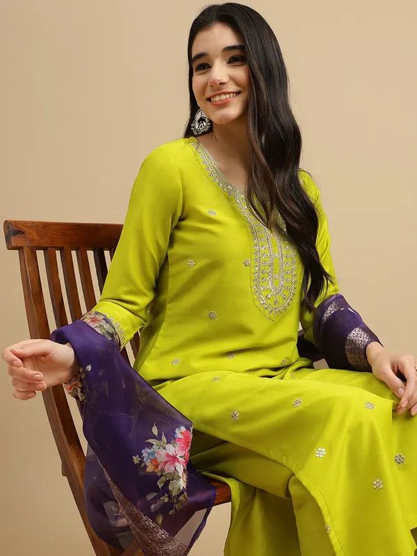 Green_Chinon_Embroide_Straight_Kurta_With_Pant_And_Printed_Dupatta_Set_For_Women