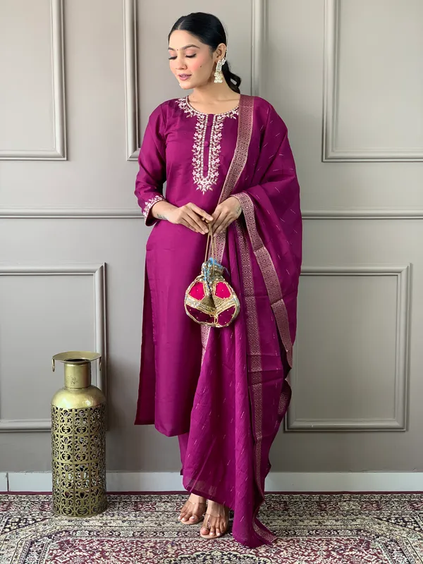 Wine_Chanderi_Silk_Embroide_Kurta_Pant_Dupatta_Set