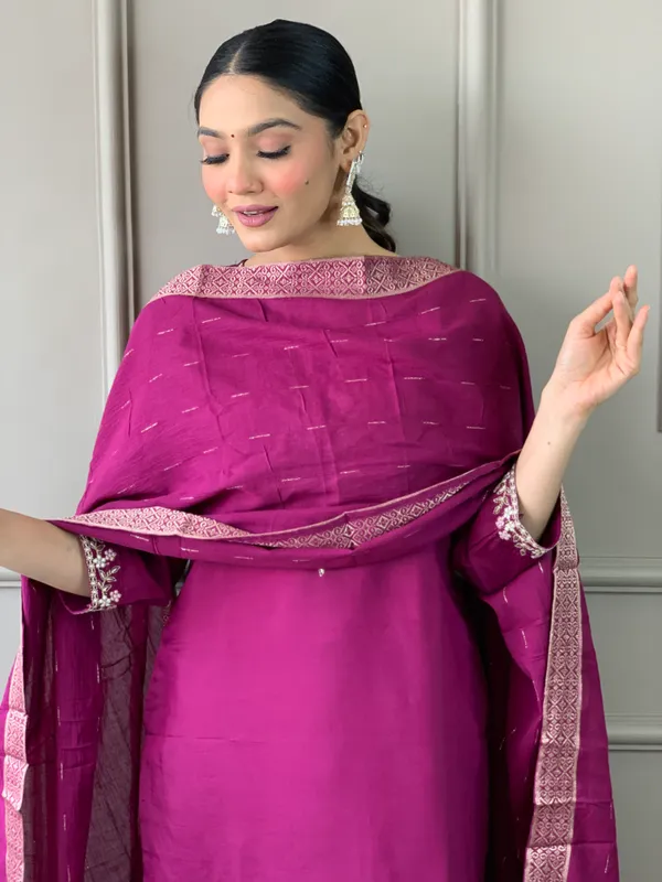 Wine_Chanderi_Silk_Embroide_Kurta_Pant_Dupatta_Set