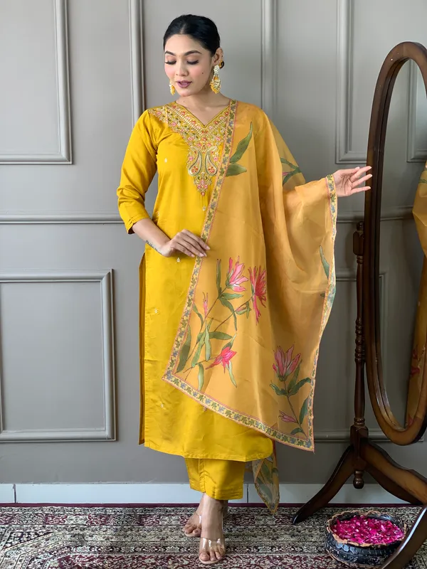 Mustard_Chanderi_Silk_Embroidery_Kurta_Pant_Set_For_Women