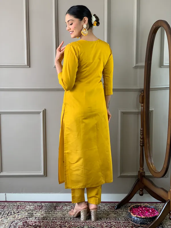 Mustard_Chanderi_Silk_Embroidery_Kurta_Pant_Set_For_Women