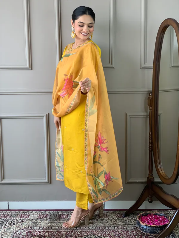 Mustard_Chanderi_Silk_Embroidery_Kurta_Pant_Set_For_Women