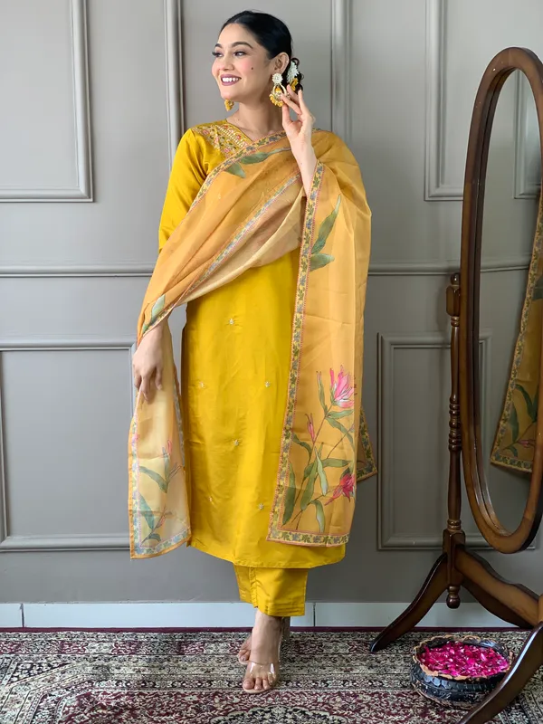 Mustard_Chanderi_Silk_Embroidery_Kurta_Pant_Set_For_Women