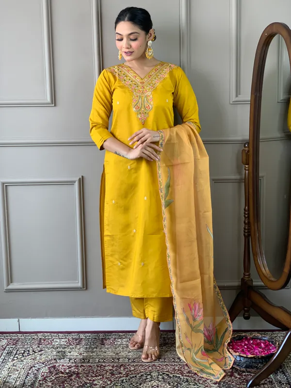 Mustard_Chanderi_Silk_Embroidery_Kurta_Pant_Set_For_Women