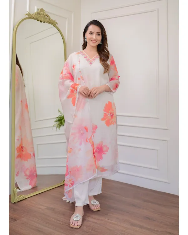 White_Fabric_Straight_Kurta_Pant_And_Dupatta_Set