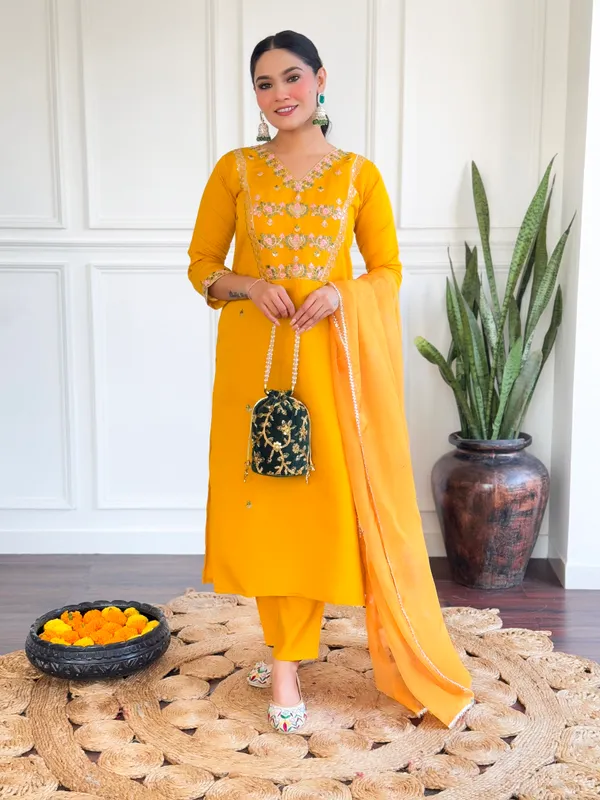 Yellow_Chanderi_Silk_Fabric_Work_Straight_Cut_Kurta_Pant_And_Dupatta_Set